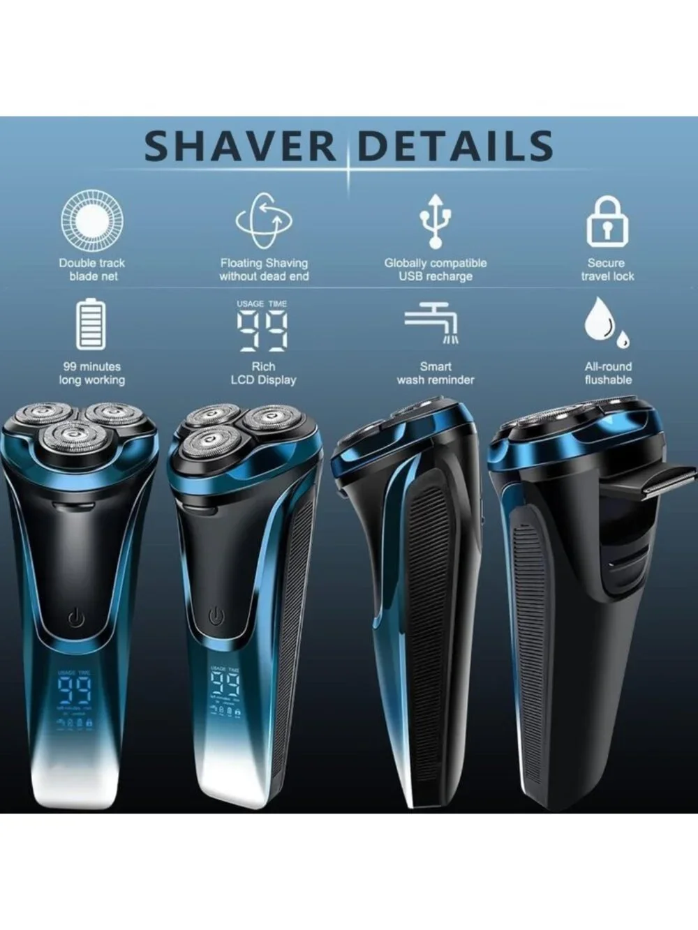 4D Floating Head Electric Razor for Men, Waterproof Rotary Shaver with LCD